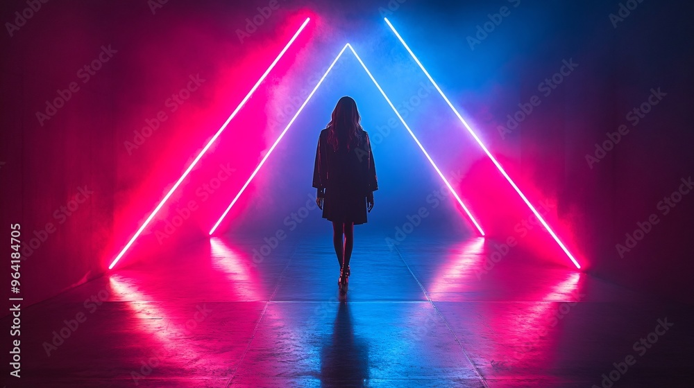 Poster Retro-futuristic fashion designs on display in a high-tech fashion show runway with neon lights and robotic assistants Large space for text in center Stock Photo with copy space