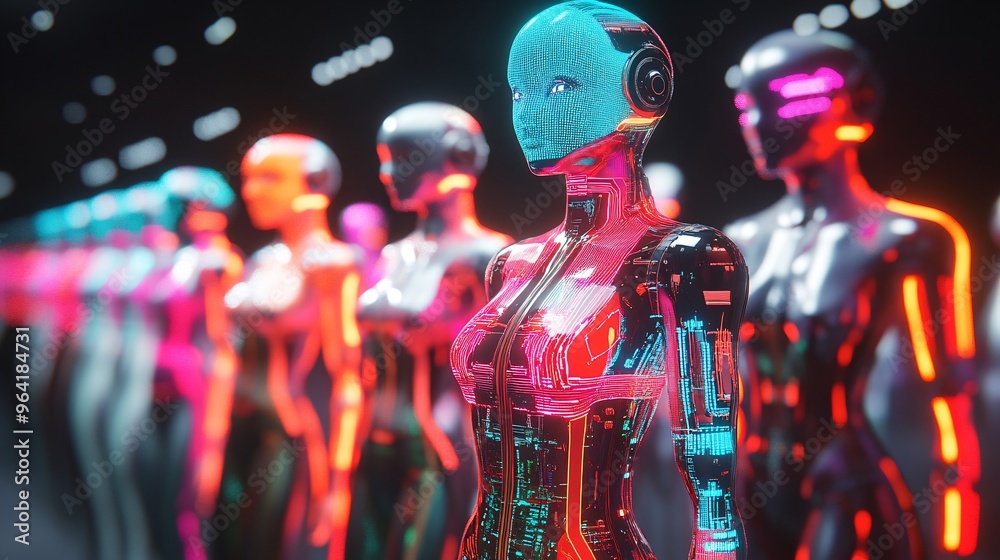 Aufkleber Retro-futuristic fashion designs on display in a high-tech fashion show runway with neon lights and robotic assistants Large space for text in center Stock Photo with copy space