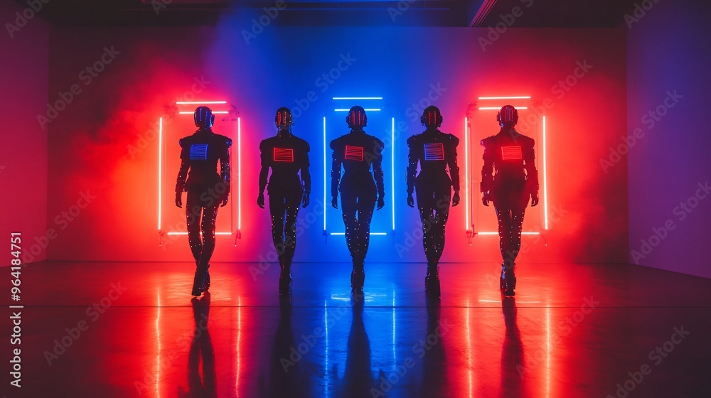 Poster Retro-futuristic fashion designs on display in a high-tech fashion show runway with neon lights and robotic assistants Large space for text in center Stock Photo with copy space