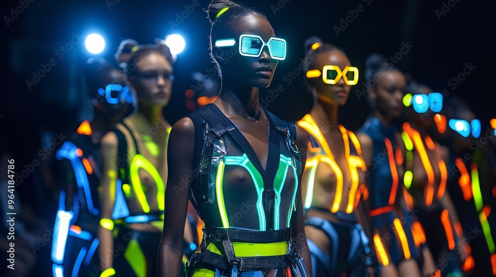 Poster Models wearing 80s-inspired outfits with futuristic glowing fabrics walking down a runway with neon lights Large space for text in center Stock Photo with copy space