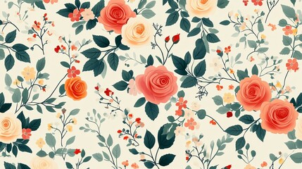 A beautiful pattern with roses, herbs, and leaves. It's a repeating design with lots of flowers, perfect for backgrounds.
