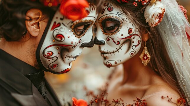 Elegant couple in traditional attire celebrating with Day of the Dead decorations at sunset