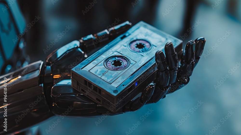 Poster Close-up of a futuristic robot hand holding a retro cassette tape symbolizing the mix of old and new technology Large space for text in center Stock Photo with copy space