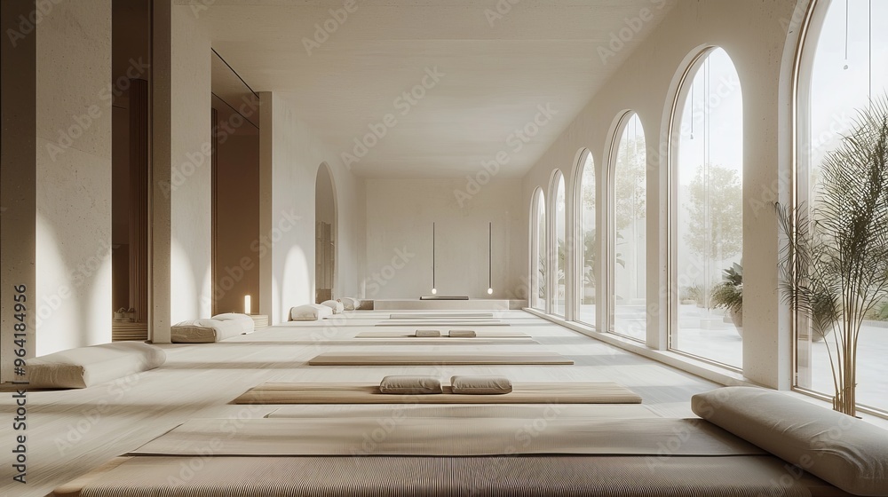 Canvas Prints Minimalist meditation room with large arched windows and wooden floor.