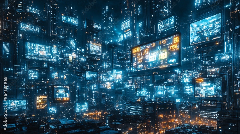 Poster A city plaza in a futuristic world where retro robots interact with floating holographic advertisements and neon signs Large space for text in center Stock Photo with copy space