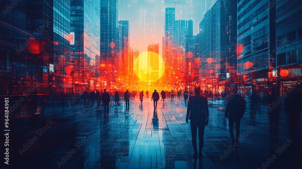 Poster A city plaza in a futuristic world where retro robots interact with floating holographic advertisements and neon signs Large space for text in center Stock Photo with copy space