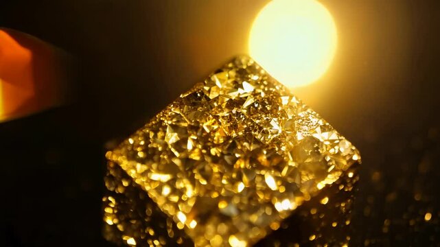 Camera movement and effects: slow pan across the surface of a mineral lighting: golden hour glow establishing scene: macro video of a pyrite specimen on a dark background late afternoon with warm ligh