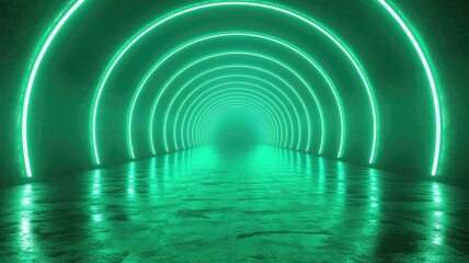 A futuristic tunnel illuminated by glowing green neon lights, creating a vibrant and immersive atmosphere.