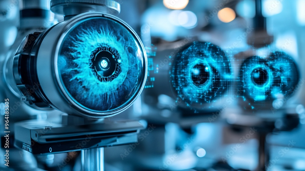 Aufkleber holographic eye examination in a 70s-inspired clinic eye examination using 3d hologram technology in