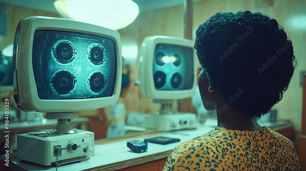 Poster retro eye doctor with ai assistant an ophthalmologist in a 50s-60s style assisted by an ai robot in 