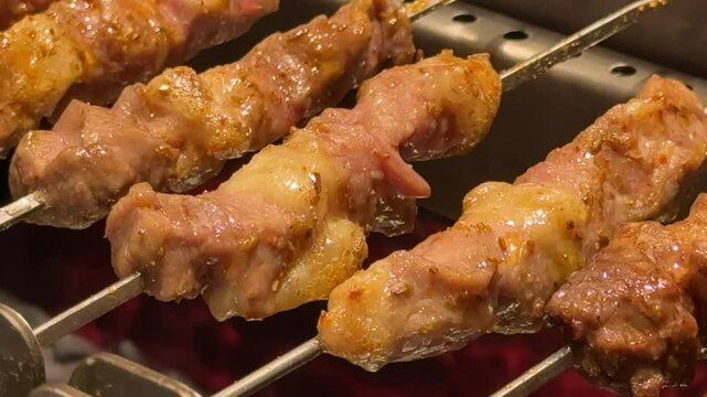 close up mutton shashlik barbecue on barbecue machine 