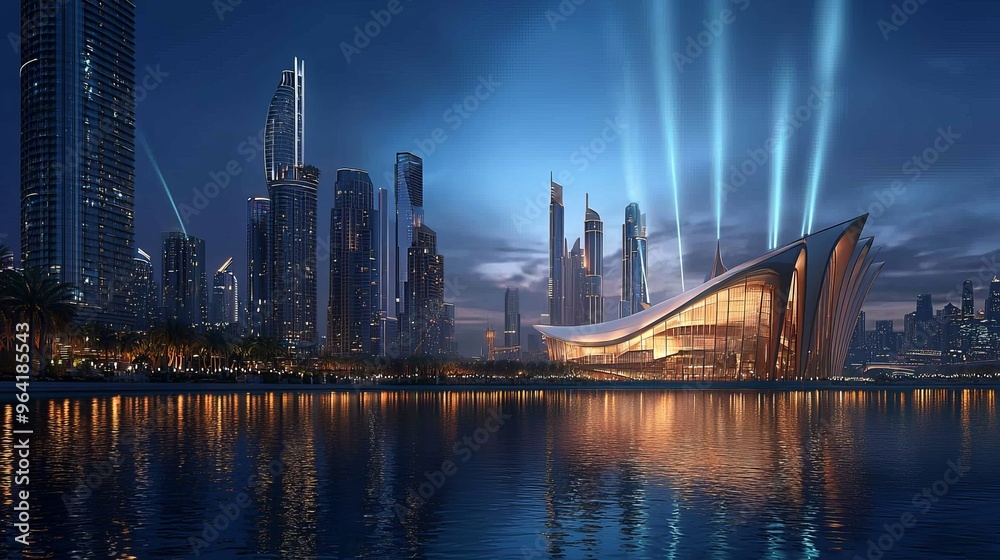 Wall mural Modern architectural building at night, illuminated with lights, reflected in water, with skyscrapers in background.