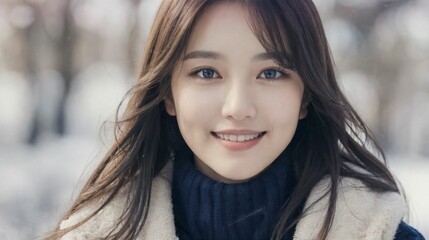 Fototapeta premium 雪の中で微笑む女性/Smiling woman in the snow