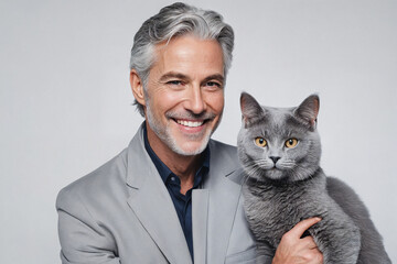 Bearded adult man with grey hair grey jacket with cute grey cat on white background