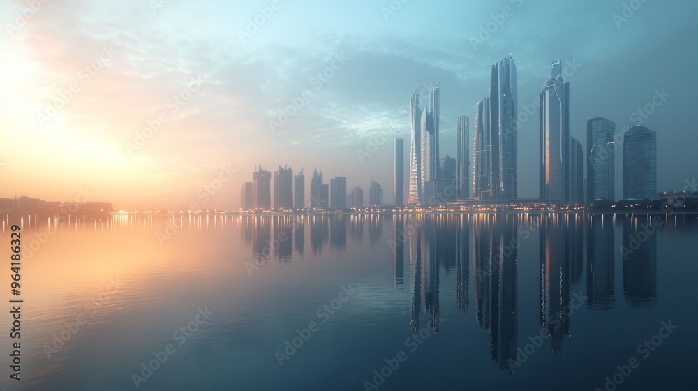 Sticker Modern city skyline reflected in calm water at sunrise.