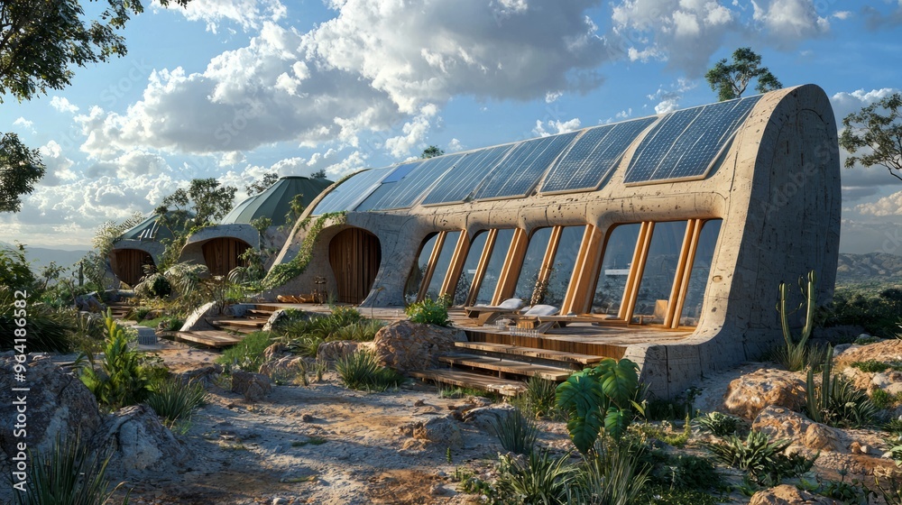 Wall mural Modern concrete house with solar panels on a hillside, surrounded by lush vegetation.