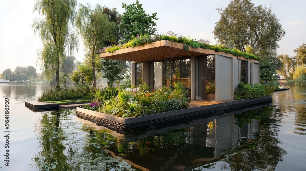 Canvas Prints Modern floating home with a lush green roof and a garden, docked on a calm lake.