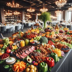 catering buffet food indoor in restaurant with meat colorful fruits and vegetables. 

