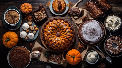 Thanksgiving pumpkin and apple various pies, top view, copy space. Neural network ai generated art