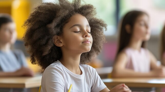 A student practicing mindfulness at their desk, taking deep breaths before starting the school day