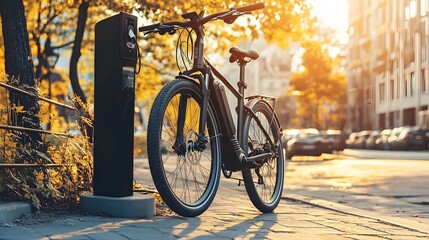Obraz premium Electric Bicycle Parked at Modern Charging Station in Eco-Friendly City Landscape