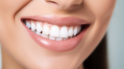 Obraz premium Beautiful female smile after teeth whitening procedure. Dental care. Dentistry concept. Neural network ai generated art