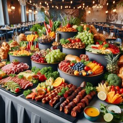 Obraz premium catering buffet food indoor in restaurant with meat colorful fruits and vegetables. 