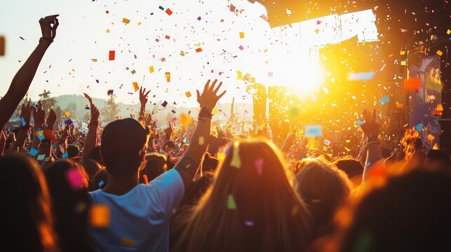 Lively sunset music festival with a huge crowd dancing happily under the golden hour sky, enjoying confetti and live music