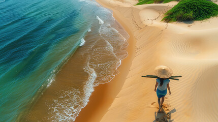 Aerial view of a lone figure walking along a golden sandy beach with clear turquoise waters