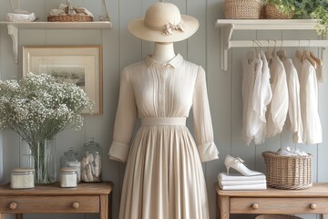 A fashion-forward photo of a model wearing a modest, elegant outfit in neutral tones. Generative AI