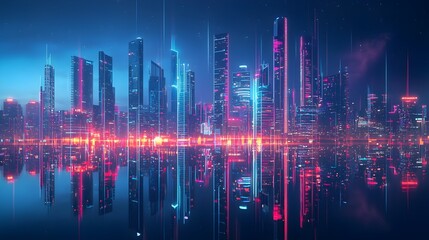 Fototapeta premium Futuristic Digital Cityscape with Glowing Neon Lines and Vibrant Architecture