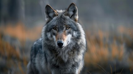 Obraz premium A wolf stands alert in the woods, its eyes focused on something beyond the frame.