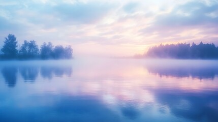 Fototapeta premium Ethereal Mist Over Tranquil Lake at Pastel Sunrise with Gentle Reflections