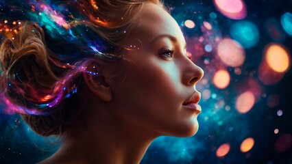 A sensual closeup portrait of a beautiful pensive woman model with closed eyes surrounded by vibrant nebulas and galaxies. Medium clairoyant magic photo illustration concept.
