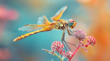 Naklejka premium A vibrant dragonfly hovering over a red and pink flower.