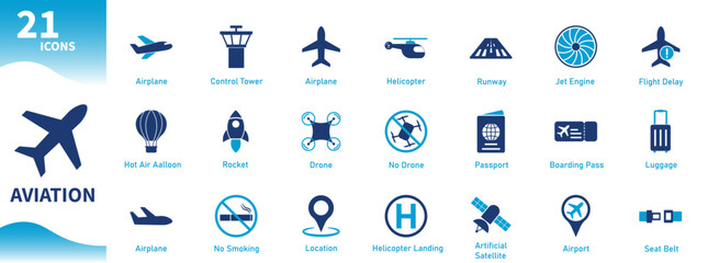 Aviation icon. Collection of airplane, travel, drone, helicopter, airport icons. Solid vector icons.