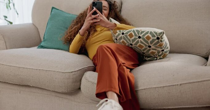 Success, dancing or excited woman with phone, surprise alert or good news online in home for giveaway. Wow, omg and happy female person with mobile app bonus, victory or winning results notification
