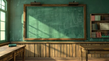 Green chalkboard in an empty classroom