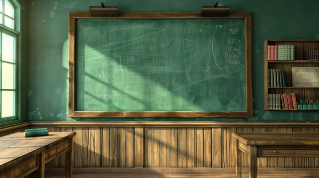 Green chalkboard in an empty classroom - Powered by Adobe