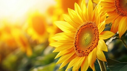 Fototapeta premium A close up of a sunflower with its leaves open, AI