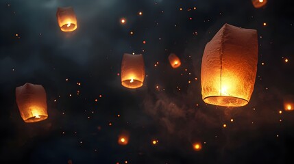 Obraz premium Peaceful Glowing Lanterns Floating in the Tranquil Night Sky