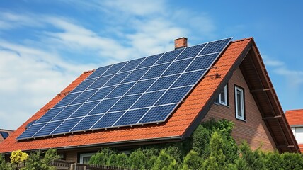 House with solar panels on roof under clear blue sky