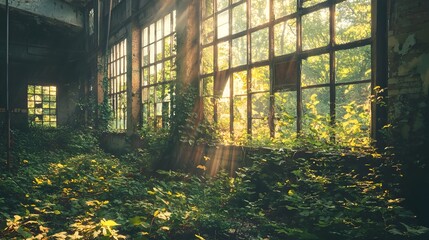 Overgrown Abandoned Industrial Factory with Sunlight Filtering Through Broken Windows