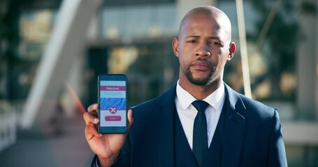 Phone screen, rejected and face of business black man in city for loan application, privacy policy and website launch. Online agreement, ui system and ai portal with portrait of person and interface