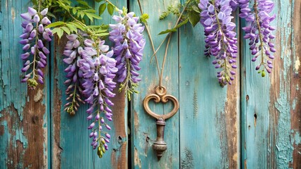 Wisteria blooms in a distressed wooden door, where a vintage keyhole is adorned with delicate filigree, against a soft blue stonewashed backdrop.