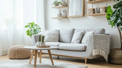 A bright living room with a gray sofa, a coffee table, and some shelves.