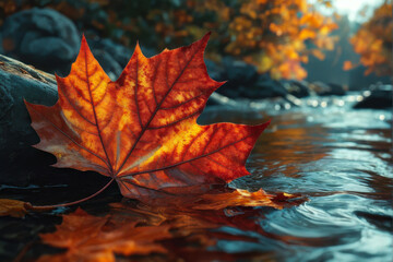 Autumn Serenity: A Single Maple Leaf Drifting on Dark Water. Maple leaf on a dark autumn water in the river. generative AI