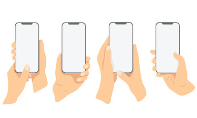 Hand holding mobile phone mockup vector template collection. Flat vector illustrations isolated on white background 