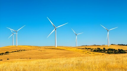 Wind Turbines Dotting Scenic Rural Countryside Landscape Under Bright Blue Sky