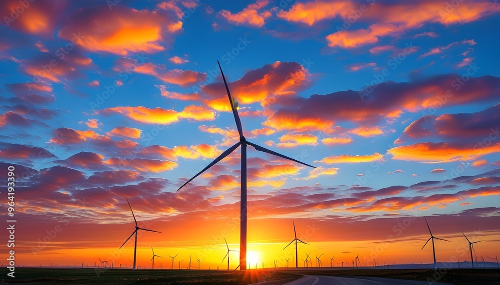 Poster wind turbines in sunset